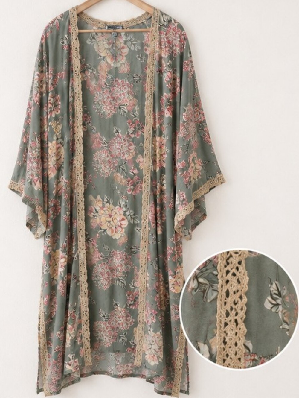 Angie Floral Midi Kimono Sage Green Crochet Lace Boho Duster - Picture 3 of 4